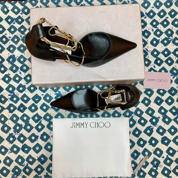 NIB Jimmy Choo Olesia 95 Leather Pump Black Gold Chain - Picture 4 of 10